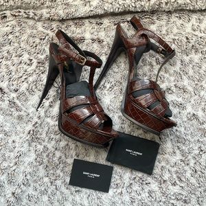 YSL T-Strap Saint Laurent Paris Brown Crocodile Embossed Leather Stilettos